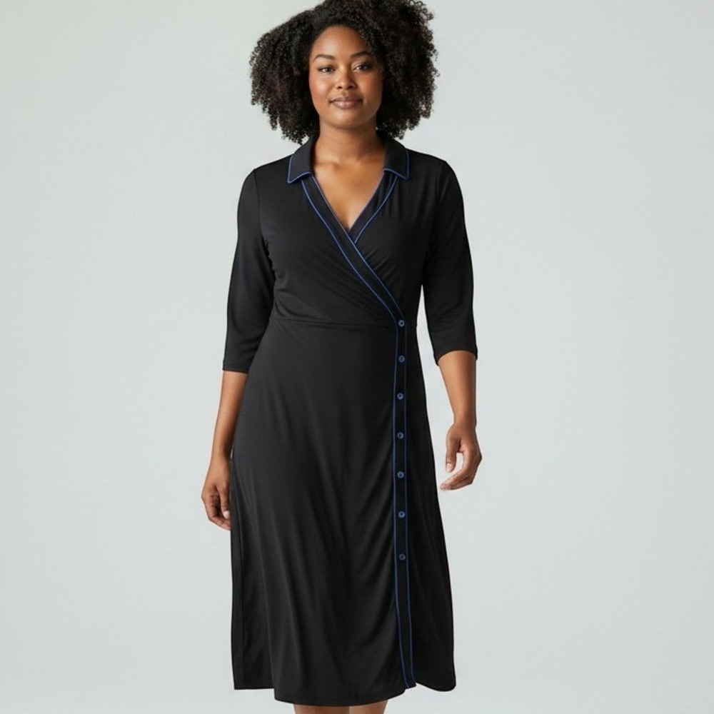 Isaac Mizrahi Target Black Faux Wrap Dress Blue Trim 3/4 Sleeve XL